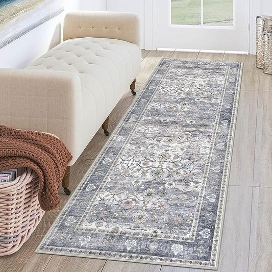 KUTA Vintage Floral Washable Hallway Runner, 2x6 Runners for Hallways Non-Slip Kitchen Rugs Grey Blue Ultra Thin Soft Printed Distressed Oriental Floor Carpet for Laundry Bedroom Living Room Nursery