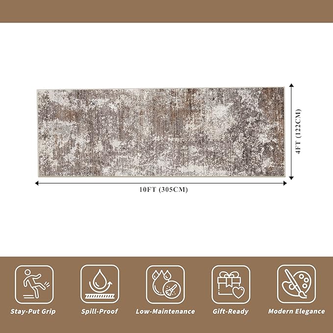 4x10 ft Extra Wide Hallway Rug – Non-Slip Washable Large Carpet Runner for Kitchen, Indoor Entryway, Modern Abstract Low-Pile Thin Floor Mat for Bedroom, Living Room, Dining Room (Brown Beige,4x10)