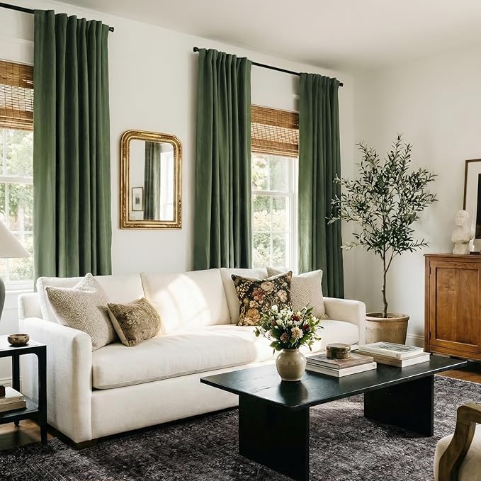 100% Blackout Shield Linen Blackout Curtains for Bedroom 96 Inches Long, Back Tab/Rod Pocket Living Room Drapes, Thermal Insulated Blackout Curtains 2 Panels Set, 50" W x 96" L, Moss Green
