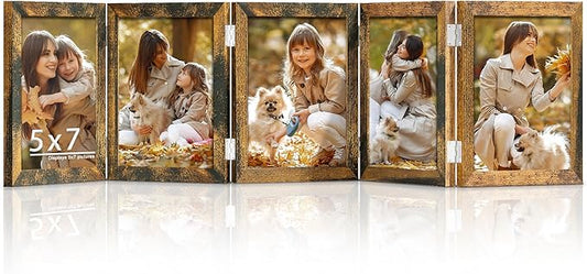 5 Folding 5x7 Picture Frame Horizontal Engineered Wood Accordion Photo Frame with Plexiglass Tabletop Bookshelf Display Brown