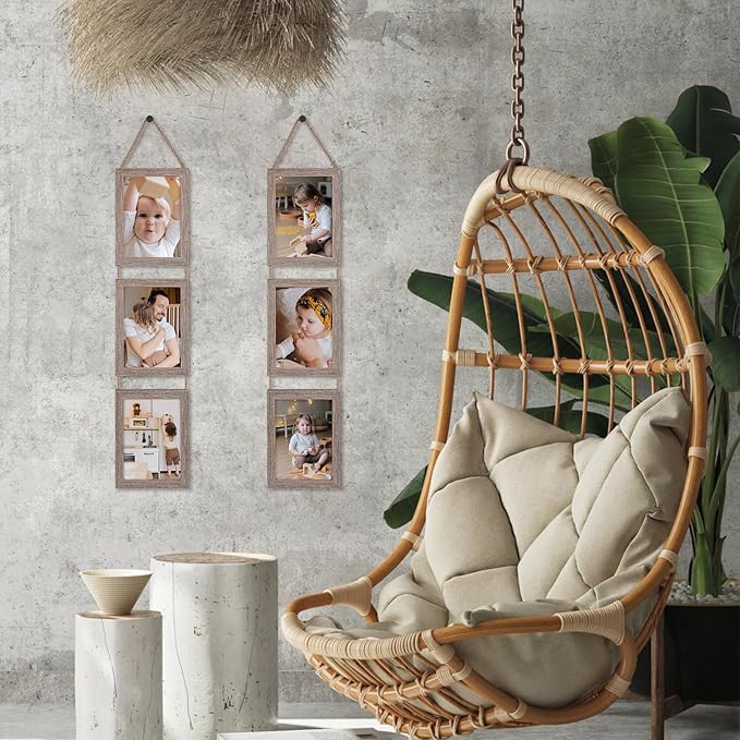 Lavezee 5x7 Collage Hanging Triple Picture Frames Set, Rustic 6 Opening Vertical Frame Made to Display 5 by 7 Inch Photo Postcard for Wall Decor
