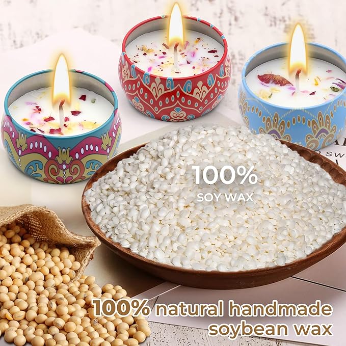Scented Candles Gift Set for Women Soy Candles 4 Pack Natural Aromatherapy with Dried Flowers in Reusable Tins Relaxation Gift for Birthday Mother's Day Valentine's Day Christmas New Home