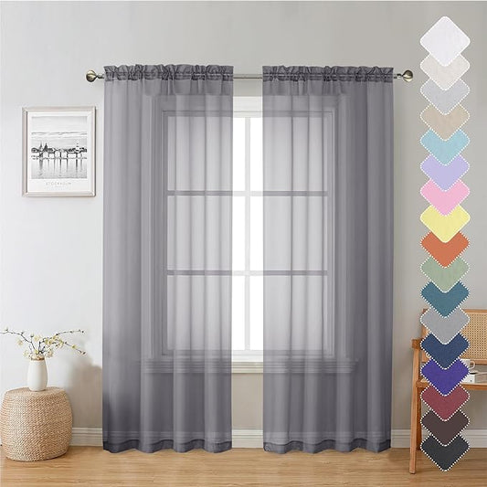 Lecloud Charcoal Grey Sheer Curtain Panels 72 Inch Length, Light Filtering Window Curtain Drapes Treatment for Living Room, Breathable Rod Pocket Sheer Curtains for Bedroom, 2 Panels, Each 40" Wx72 L