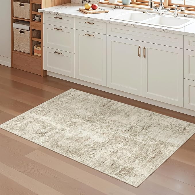 Soalmost 2x3 Washable Rugs for Kitchen, Floor, Entryway, Powder Room Small Area Rug Non-Slip Vintage Low Pile Throw Door Mat Beige/Gray
