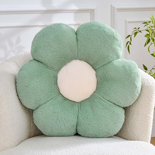Kcvvcr Flower Pillow Cute Decorative Throw Pillow with Faux Rabbit Fur Soft Daisy Plush Floor Cushion Aesthetic Flower Shaped Pillow Home Decor for Bed Sofa Couch (Sage Green14.9 Inch)