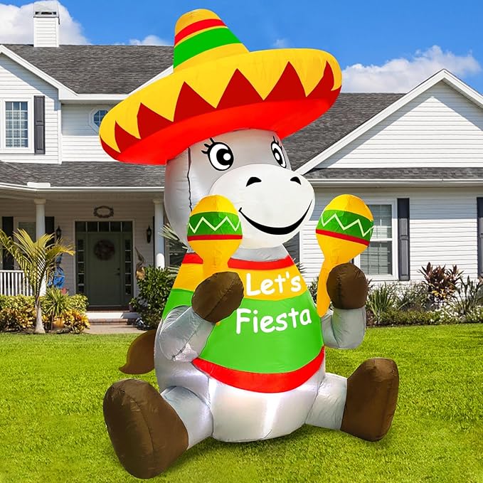 TURNMEON 6 Ft Tall Cinco De Mayo Inflatable Decorations Outdoor Sitting Donkey with Taco Sombreros Fiesta Maracas LED Lights Blow Up Holiday Party Indoor Yard Garden Lawn May 5 Mexican Summer Decor