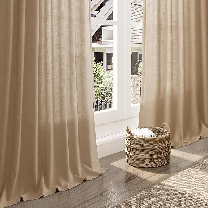 Nanspring Sand Beige Curtains 96 Inches Long for Living Room Flax Linen Light Filtering Luxury Simple Modern Semi Curtains Back Tab Privacy Semi Sheer Curtain for Bedroom Office 52x96, 2 Panels