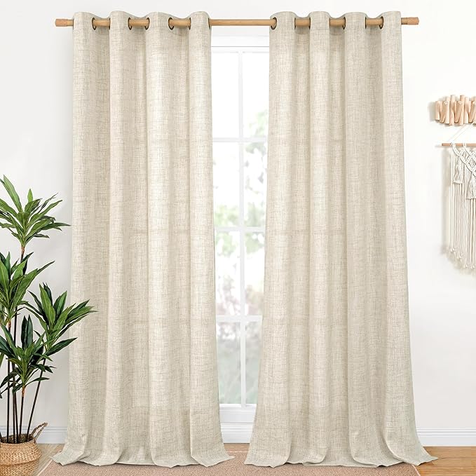 YoungsTex Linen Curtains 84 Inches Long Light Filtering - Semi Sheer Drapes with Bronze Grommet for Dining Bedroom Living Room Window, 2 Panels 52 x 84 Inch
