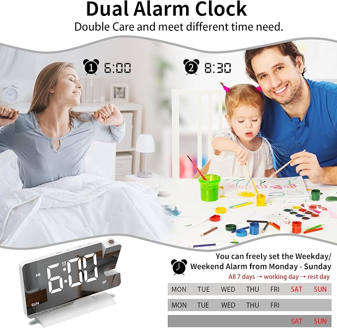 Lamisola Projection Alarm Clock for Bedroom Ceiling, White Digital Clock - Image 8