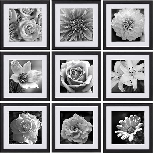 eletecpro 10x10 Picture Frames Set of 9 with Mat for 8x8 Photos or without Mat for 10x10, Square Gallery Wall Decor Collage for Picture Display, Black Frame Set for Wall Hanging