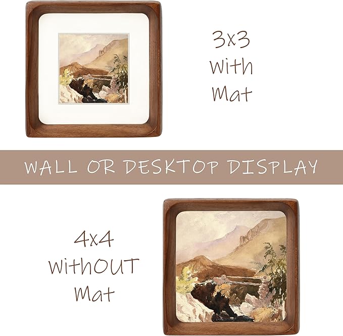 Square 4x4 Picture Frame with Mat for 3x3, Natural Walnut Wood Handcrafted Rounded Corner with Real Glass, Vertical or Horizontal Display Photo Gallery Wall & Tabletop Frame