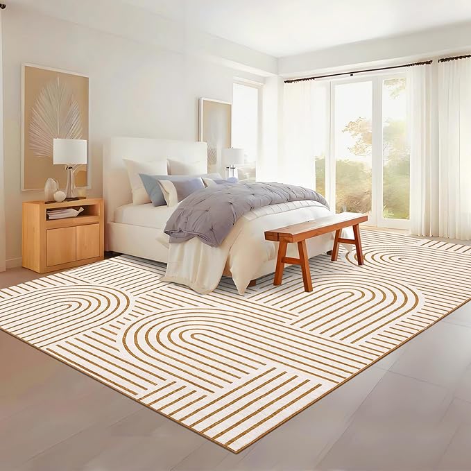 ROYHOME Washable Rug 9x12 Area Rugs for Living Room, Abstract Rug for Bedroom, Soft Rainbow Non Slip Throw Rugs with Rubber, Low Pile Stain Resistant Boho Geometric Carpet for Dining Room, Orange