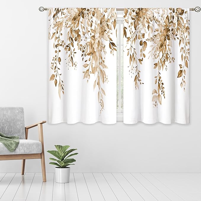 Eucalyptus Botanical Leaves Floral Kitchen Window Curtains over Sink Farmhouse Flower Leaf Small Window Treatment Tan Floral Cafe Short Curtains for Bathroom Treatment Tier Drapes 27.5x39 inch