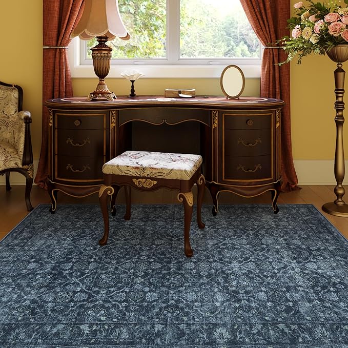 Hedlive Vintage Navy Blue Rugs for Bedroom, Washable Moroccan 5x7 Rug for Living Room Non Slip, Stain Resistant Boho Dining Room Rug for High Traffic Area (5'x7', Blue)