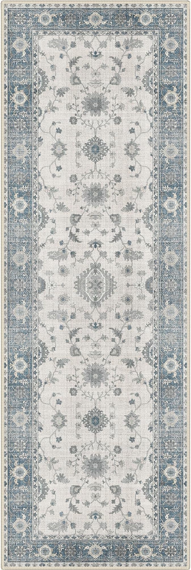 GENIMO Runner Rug for Hallways Machine Washable, 2x5 Non Slip Boho Vintage Lightweight Washable Runners, Thin Floor Rugs for Entryway Hallway Bathroom Laundry Room Corridor, Misty Blue