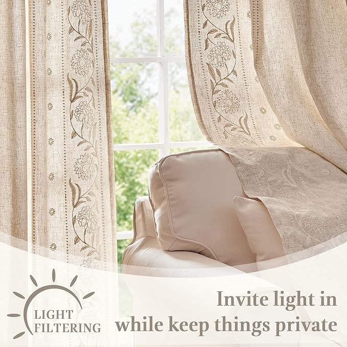jinchan Winslow Lined Linen Curtains for Bedroom 84 Inches Linen Blended Embroidered Bordered Floral Curtains for Living Room Farmhouse Decor Window Treatments Ivory on Beige Drapes 2 Panels