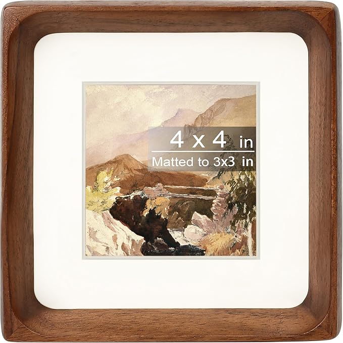 Square 4x4 Picture Frame with Mat for 3x3, Natural Walnut Wood Handcrafted Rounded Corner with Real Glass, Vertical or Horizontal Display Photo Gallery Wall & Tabletop Frame