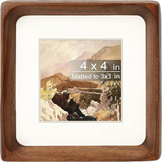 Square 4x4 Picture Frame with Mat for 3x3, Natural Walnut Wood Handcrafted Rounded Corner with Real Glass, Vertical or Horizontal Display Photo Gallery Wall & Tabletop Frame