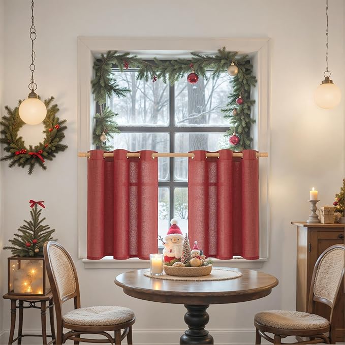 YoungsTex Burgundy Red Linen Curtains 36 Inch Length, Short Light Filtering Drapes Semi Sheer with Bronze Grommet Lightweight for Cafe Bathroom Window, 42 x 36 Inch, 2 Panels