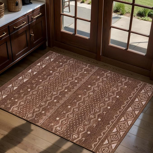 SERISSA 2x3 Rugs for Entryway, Washable Non-Slip Coffee Brown Small Area Rug, Soft Low-Pile Boho Geometric Indoor Entry Rug Door Mat Indoor Entrance Front Door Carpet for Bathroom Kitchen Bedroom