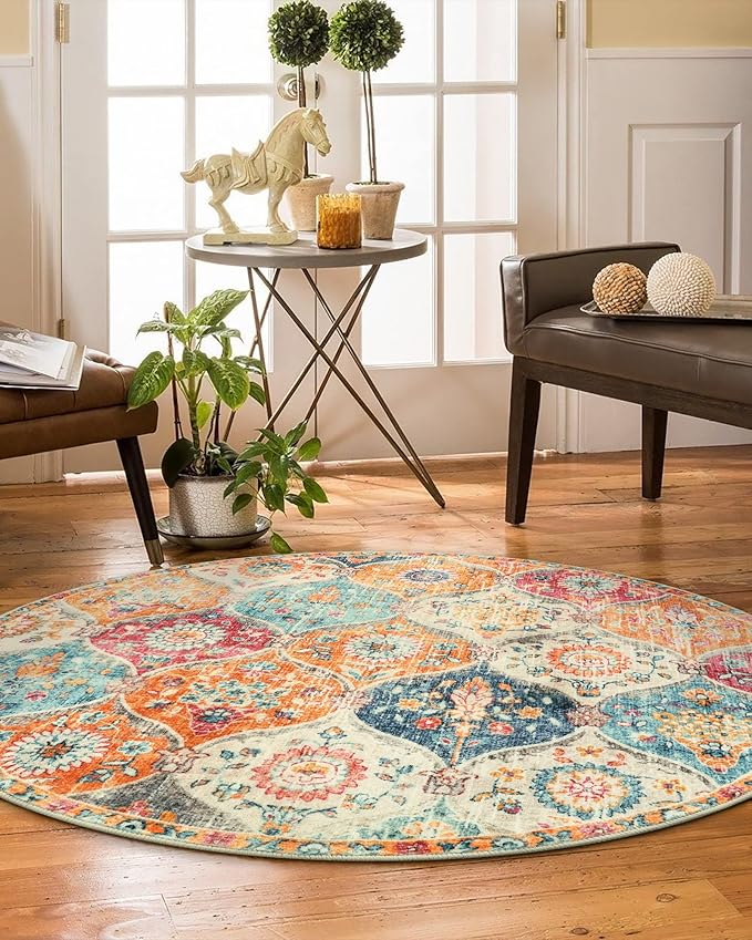 Lahome Moroccan Trellis Round Area Rugs, Washable Small Round Rug 3ft Non-Slip, Soft Vintage Ultra-Thin Circle Carpet for Bedroom Entryway Kitchen Laundry Bathroom Elise, Cream/Multi