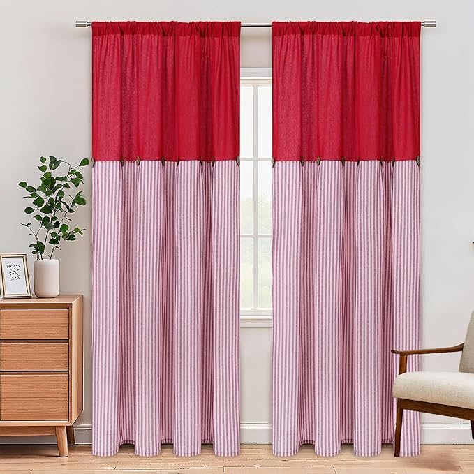 ASPMIZ Cotton Linen Curtains for Living Room, Rod Pocket & Back Tab Boho Curtains for Bedroom, Country Farmhouse Striped Curtain with Rustic Buttons, Home Decor, Red, 52 x 84 Inch, 2 Panels