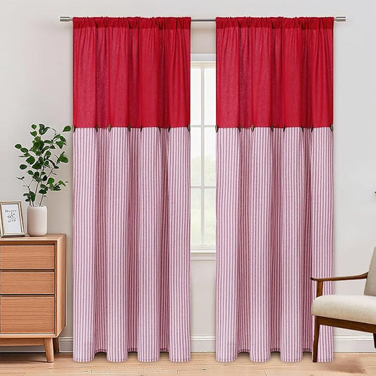 ASPMIZ Cotton Linen Curtains for Living Room, Rod Pocket & Back Tab Boho Curtains for Bedroom, Country Farmhouse Striped Curtain with Rustic Buttons, Home Decor, Red, 52 x 84 Inch, 2 Panels