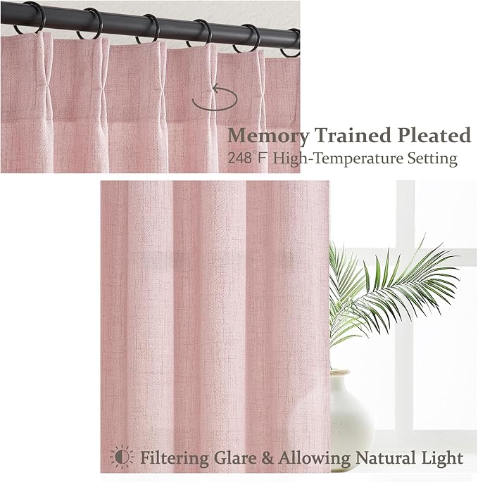 Cute Baby Pink Memory Trained Pinch Pleated Curtains 84 Inch Length 2 Panels Set for Girl Room Nursery, Linen Blend Light-Pink Princess Semi Sheer Light Filtering Living Room Drapes Back Tab 40Wx84L