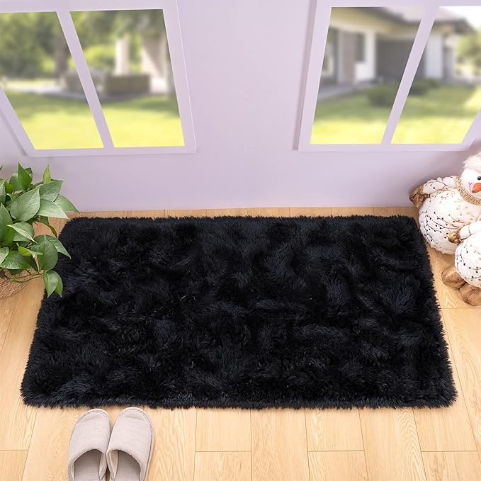 Noahas Door Mat Indoor Entrance,2x3 Shaggy Small Black Area Rugs for Entryway,Non-Slip Fluffy Entry Bedroom Rug,Soft Plush Bedside Throw Kids Carpet