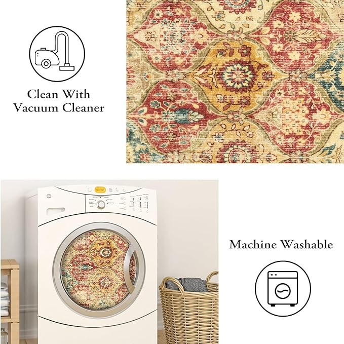 Lahome Moroccan Trellis Washable Round Area Rug, Soft Round Rugs 6ft Ultra-Thin Non-Slip, Vintage Large Circle Carpet for Bedroom Living Room Kitchen Nursery Elise, Red/Orange