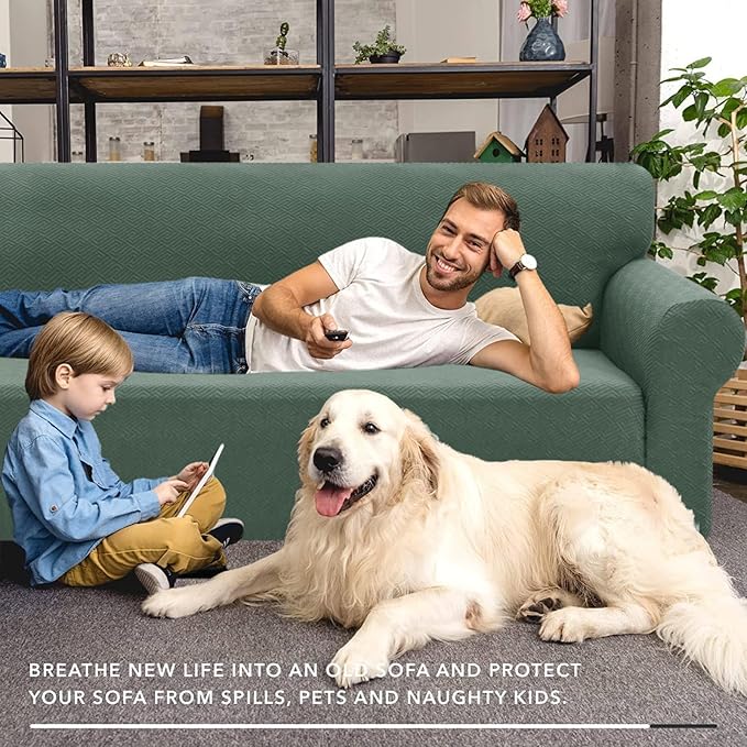 XINEAGE New Extra Large Couch Cover for 3 Cushion Couch (91"-110") 1 Piece Stretch Oversized Sofa Slipcovers Jacquard 4 Seater Furniture Protector Elastic Bottom for Kids,Pet (XL Sofa, Pea Green)