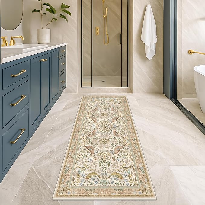 Hazo Haus Boho Bathroom Runner Rug 2x5 - Floral & Bird Runner Rug for Kitchen Floor, Hallway, Laundry Room, Bedroom, Entrance, Beige Neutral Vintage Decor, Washable Non Slip Low Pile
