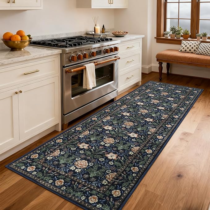 GarveeHome Washable Runner Rug 2x6, Non Slip Floral Kitchen Runner for Hallway Entryway Forest Green Laundry Bathroom Mat Farmhouse Thin Stain Resistant Carpet for Bedroom Beside Rug