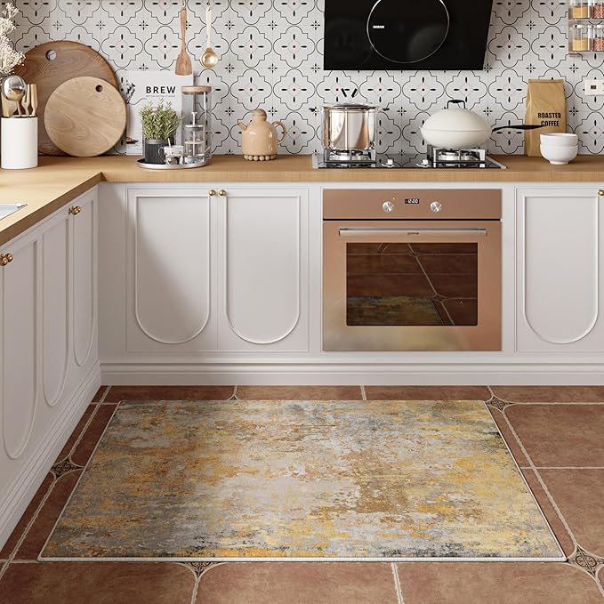 Entryway Rug 2x3 Beige Gold Door Mat Indoor Entrance 24x36, Washable Small Throw Rugs for Kitchen Floor, Entry, Front Door, Bedroom Bedside, Non-Slip Low Pile Stain & Fade Resistant, Abstract