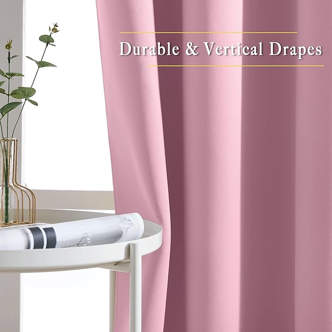 NICETOWN Bedroom Room Darkening Curtains - Triple Weave Grommet Top Thermal Insulated Solid Energy Saving Panels/Drapes for Villa/Hall, Crystal Pink, 1 Pair, 52 inches by 95 Inch