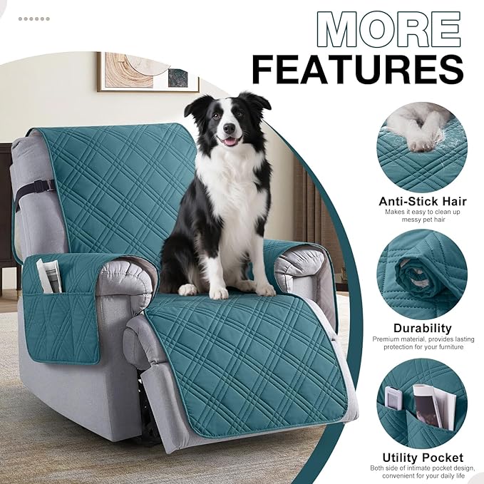 TAOCOCO 100% Waterproof Recliner Chair Covers, Non Slip Recliner Covers for Recliner Chair with Pocket, Washable Reclining Chair Cover Furniture Protector for Kids,Dogs(22'', Peacock Blue)