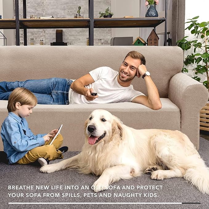 XINEAGE 2026 New Extra Large Couch Cover for 3 Cushion Couch (91"-110") 1 Piece Stretch Oversized Sofa Slipcovers Jacquard 4 Seater Furniture Protector Elastic Bottom for Kids,Pet (XL Sofa, Khaki)