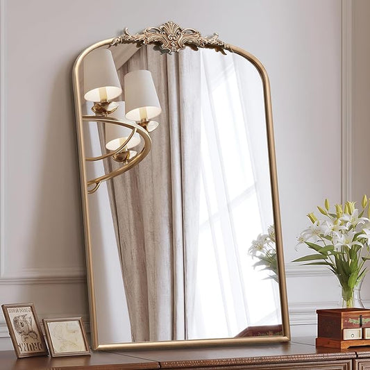 Besdomus Large Antique Wall Mirror: 24"x36" French Arched Champagne Gold Vintage Vanity Wall Mounted Mirror - Traditional Ornate Home Decor for Entryway/Bedroom/Bathroom - Baroque Idea for Housewife