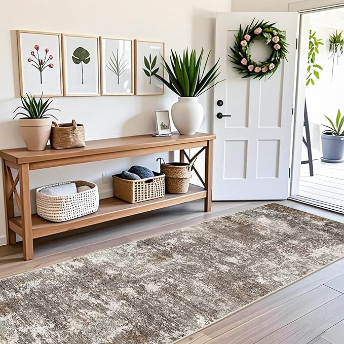 3x12 ft Long Hallway Runner Rug – Non-Slip Washable Carpet Runners for Kitchen Entryway Bathroom Modern Abstract Neutral Low-Pile Thin (Brown Beige,3x12)