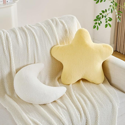 CANGHI 2PCS Star Moon Pillow Yellow Star Shaped Decorative Throw Pillows White Moon Shaped Pillow Aesthetic Plush Floor Seating Cushions with Soft Faux Rabbit Fur for Sofa Bedroom Living Room