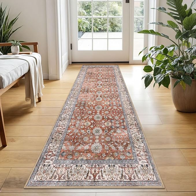 KUTA Runners for Hallways 2x5 ft, Vintage Floral Rug Non-Slip Washable Kitchen Rugs Red Clay Ultra Thin Soft Printed Distressed Flower Carpet Entryway Rugs for Bedroom Laundry Nursery