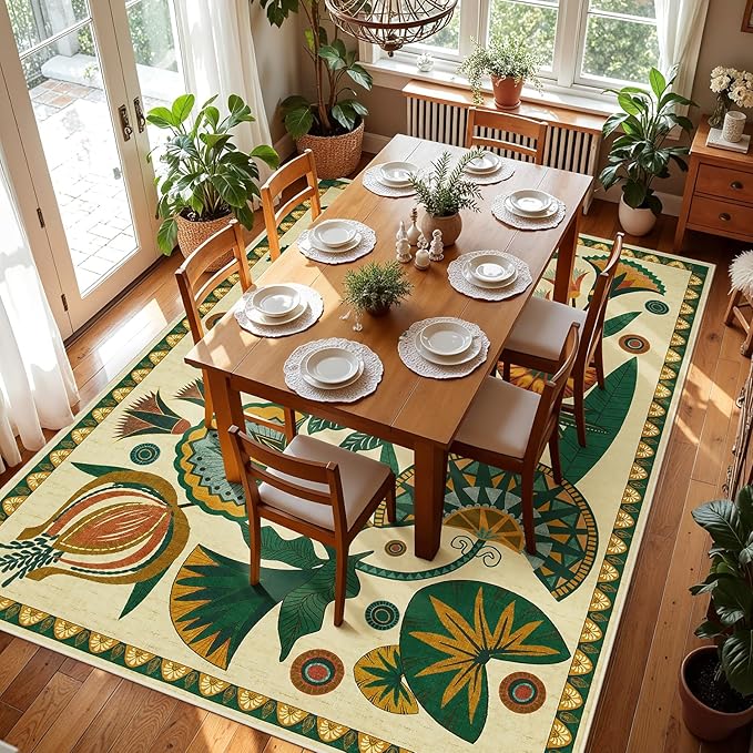 Joydeco Egypt Floral Boho 9x12 Rugs for Living Room, Large Beige Washable Area Rug for Bedroom Dining Room Table, Vintage Non Slip Indoor Throw Carpet for Playroom Nursery Dorm Classroom