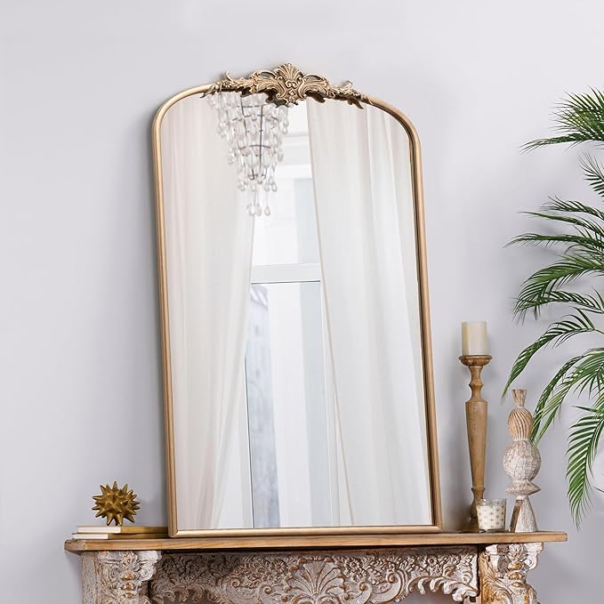 Besdomus Vintage Gold Wall Mirror: 24"x42" French Large Arch Champagne Gold Antique Vanity Wall Mirror - Traditional Ornate Metal Framed for Entryway/Fireplace/Bathroom - Baroque Idea for Housewife