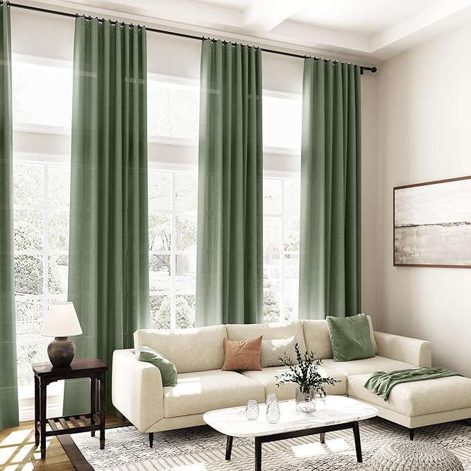 Nanspring Olive Green Linen Sheer Back Tab Curtains 45 Inch Length Semi Sheer Light Filtering Short Curtain Country Style Small Window Drapes for Bathroom/Kitchen/Kids Room 2Panels 40x45
