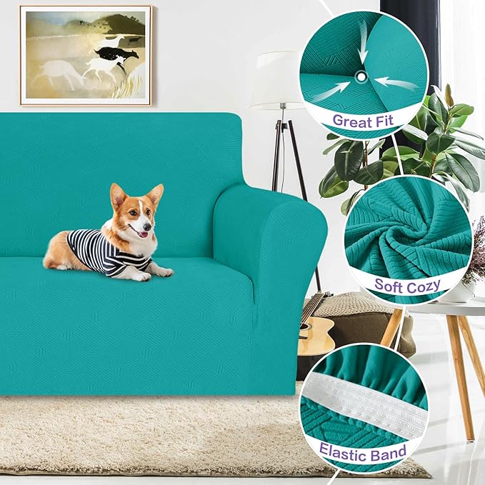 ZNSAYOTX Super Stretch Loveseat Covers (57"-70"), New Striped Love Seat Slipcover, Dogs Pet Friendly Anti-Slip Couch Protector Spandex Durable 2 Seater Fabric Sofa Cover (Loveseat, Peacock Teal)