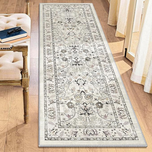 LOKHOM Washable Runner Rug, 2x6 Non-Slip Vintage Kitchen Rug with Rubber Backing, Boho Floral Soft Faux Wool Hallway Runner Rug Carpet Runner for Laundry Entryway Bedroom (Cream White)