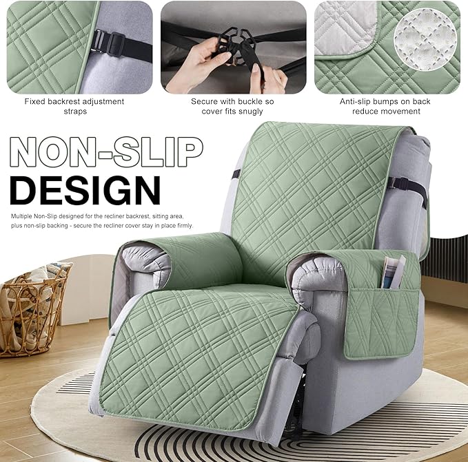 TAOCOCO 100% Waterproof Recliner Chair Covers, Non Slip Recliner Covers for Recliner Chair with Pocket, Washable Reclining Chair Cover Furniture Protector for Kids,Dogs(25'', Sage Green)