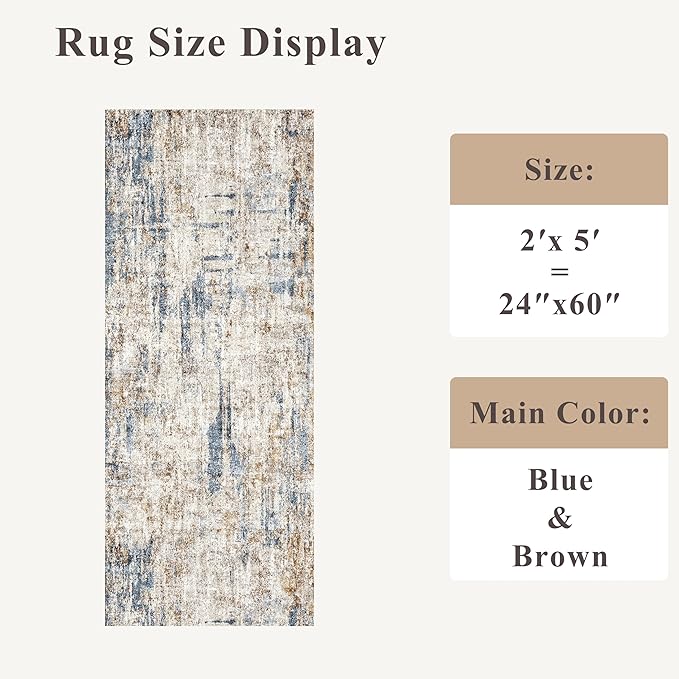 2x5 Non-Slip Washable Runner Rug – Modern Neutral Abstract Small Rug for Hallway, Kitchen, Bathroom, Bedroom, Entryway, Laundry Room – Thin Soft Low-Pile Rubber Backing（Blue Brown）