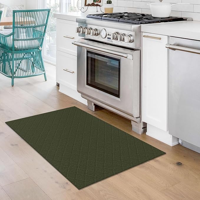 KOZYFLY Small Area Rug 2x3 Ft Washable Entryway Rug Non Slip Rubber Backed Throw Rugs Indoor Door Mat, Braided Cotton Floor Carpet for Front Entrance Front Door Sink Foyer, Dark Green
