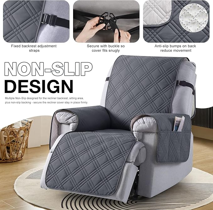 TAOCOCO Waterproof Recliner Chair Covers 30 Inch Wide, Oversized Recliner Covers for Recliner Chair with Pocket, Recliner Slipcovers with Straps Furniture Protector for Kids Pets (30'', Dark Grey)